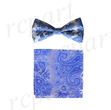 New Men's Pre-tied Bow Tie  Hankie paisley floral pattern blue formal Wedding