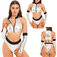 Womens Galaxy Astronaut Halloween Costume Shiny Metallic Crop Top Briefs Gloves