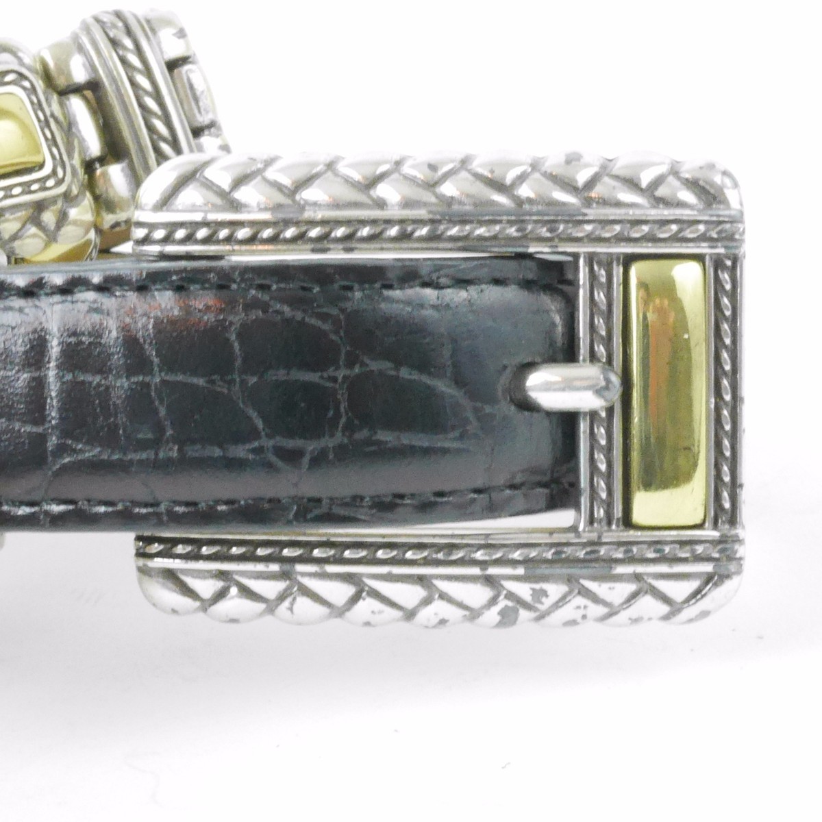 BRIGHTON M - Black Crocodile Embossed Leather Belt w Silver 