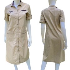 Vintage 70s Khaki Shirtdress Sz 8/9 Cotton Blend Tailored Safari Button Up