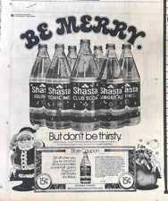 1974 newspaper ad for Shasta Soda - Be Merry not thirsty, Christmas ad