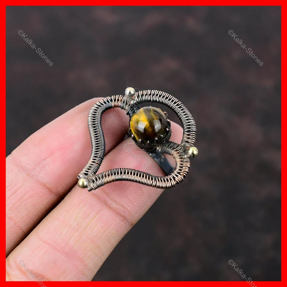 Chakra Sacro Redondo Natural Ojo de Tigre Cobre Multi Piedra Nuevo Anillo Envuelto en Alambre Foto 4 de 4