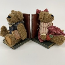 Vintage Teddy Bear Bookends Wood Books with Attached Plush Boy Girl Bears