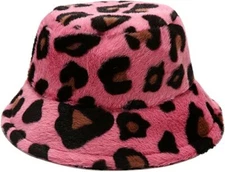 Women Winter Pink Leopard Y2k Hottie Cap Faux Fur Fluffy Plush Fleece Bucket Hat