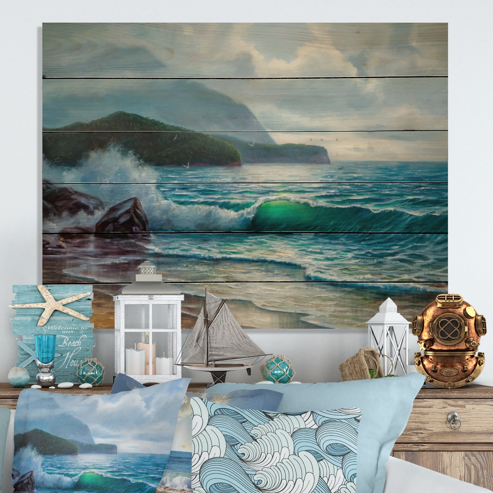 Designart 'Morning Sunlight On The Sea Waves XIV' Nautical & Coastal Wood Wall