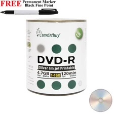 100 Smartbuy DVD-R 16X 4.7GB Silver Inkjet Printable Disc+Black Permanent Marker