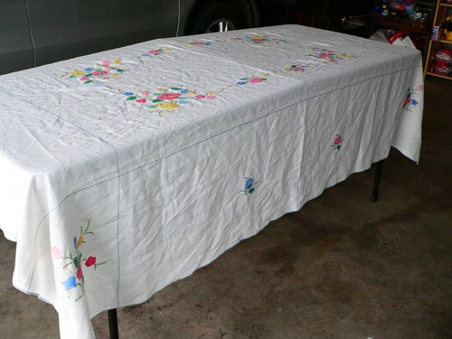 Vintage Table Cloth Hand Embroidered Flowers Stitched Linen Floral 84x33 - Picture 3 of 12