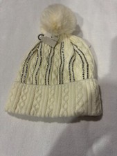 Women faux fur removable pom pom Beanie Hat Off White Cream with Front Glitter