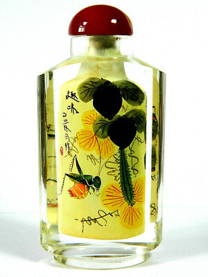 Chinese Hand Inside Drawing Crystal Snuff Bottle,Fruits Vine & Mantis Pattern
