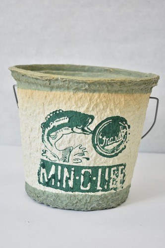 Vintage Min-O-Life Frabills Paper Mache Bait Pail Mino Bucket w/ Handle Complete - 第 6/7 張圖片