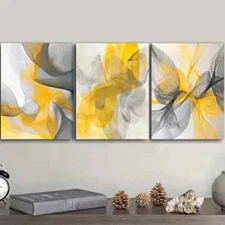 3pcs Abstract Shapes In Yellow And Gray Wall Art Canvas Framed 50x70cm