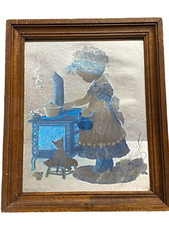 ANCIEN CADRE TABLEAU ARGENTÉ RELIEF BRILLANT CHAT ET ENFANT DEVANT LE POÊLE