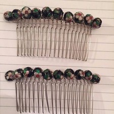 2 Vintage Black Flora Cloisonne Enamel Bead Metal Hair Combs