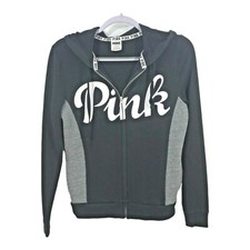 Victorias Secret Pink Hooded Sz XS Sweatshirt Full Zip Jacket Black Gray Pockets