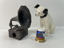 Vintage RCA Victor Nipper Dog Lot: Japan Figurine, Metal Gramophone & Thimble