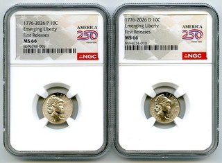 1776 2026 P & D 10C EMERGING LIBERTY NGC MS66 2 COIN SET AMERICA 250 DIME FR