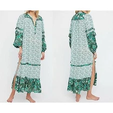 R Vivimos Floral Print Maxi Dress Women L Green Boho Peasant Prairie Cottagecore