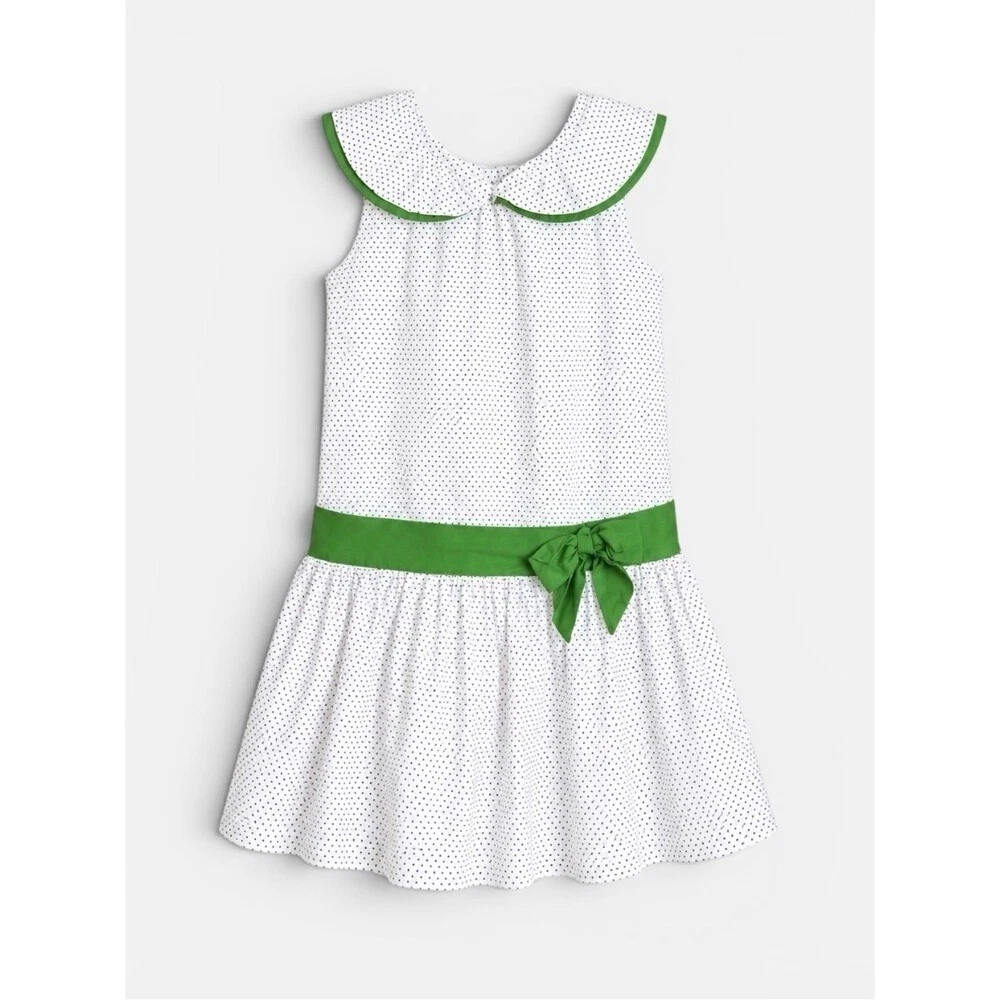 Janie and Jack White Polka Dot Dress Green Trim Girls Size 4 Classic Cotton