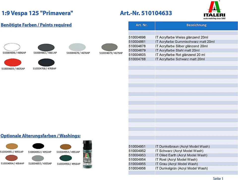 Italeri 4633 Vespa 510104633 – 1:9 125 "Primavera Building, Standing Model Makin - Изображение 2 из 4