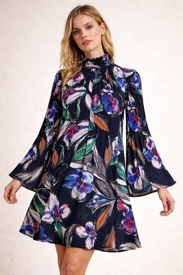 Donna Morgan M Boho Floral Bell Sleeves Mock Neck Mini Dress NWT Wedding Guest