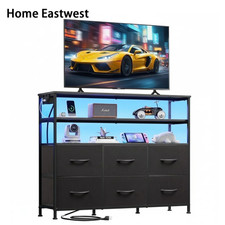 Home Eastwest 39 Inch TV Stand with 6 Fabric Drawers&LED Lights&Charging Station