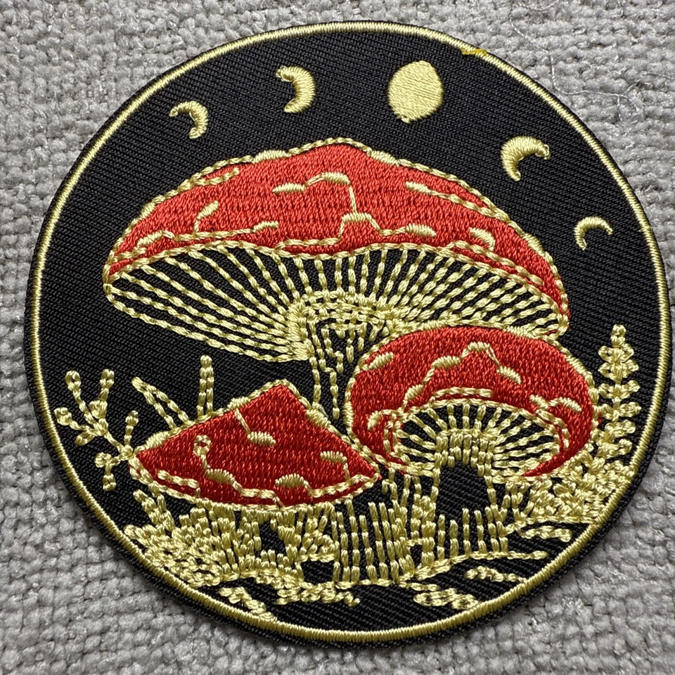 🔥VTG Style Moon Mushroom Magic Embroidered Iron On Patch Hippie Love Red Gold - Image 2 of 4