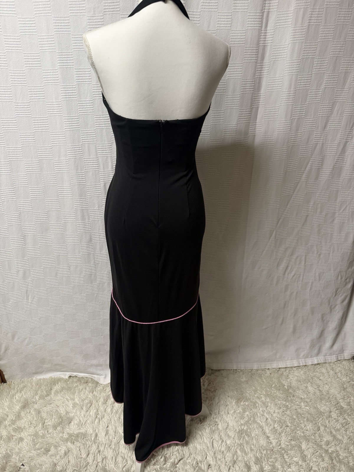 VTG Y2K Blondie Nites Halter Dress Women Sz 5 Black Ruffles With Pink Detailing 