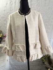 Ann Taylor Ivory Tweed Cropped Jacket Fringe Ruffle Boxy Boucle Textured Size 8