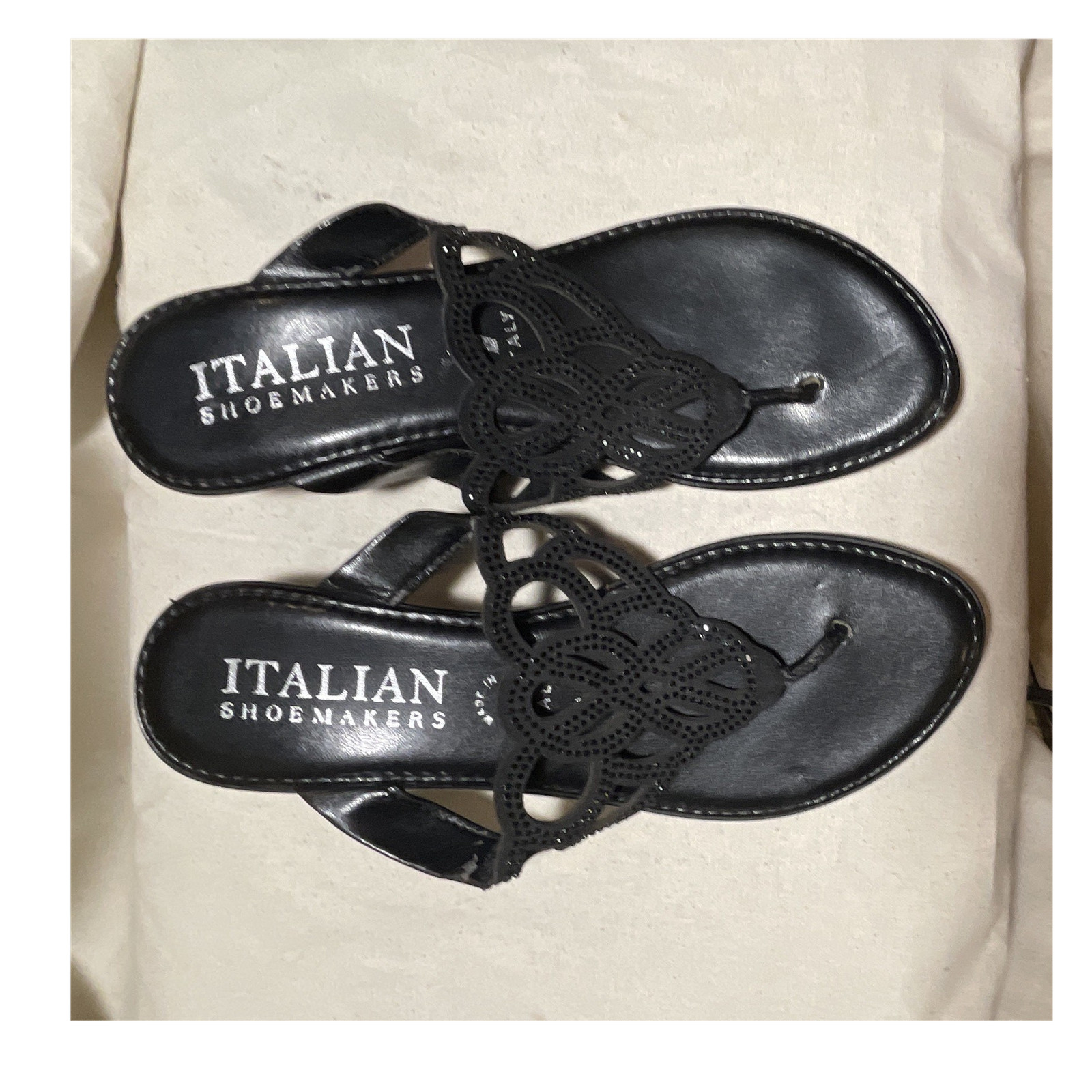 Italian Shoemakers Black Synthetic Thong Wedge Sandals Studded Cut-Out Slip-On 6