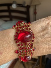 Vintage Red Glass Cab And Rhinestone Bracelet