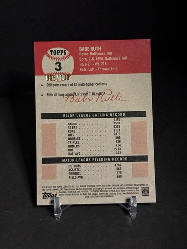 2022 Topps Chrome Platinum #3 Babe Ruth  Toile Fuchsia Atomic Refractor /100 - Picture 2 of 2