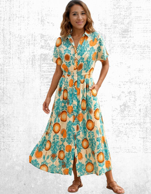 Julipa Damen Kurzarm Button Down Crinkle Kleid Multi