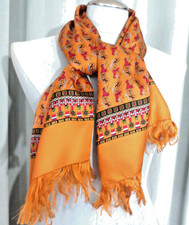 Vtg Silk Hand Print Scarf Dancing Geisha Shanghai China 47" X 16" Golden