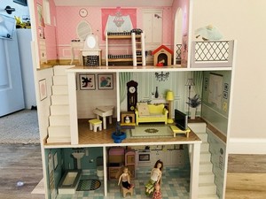 Milliard Pink & White 3-Story Wooden Dollhouse House, Furnished Complete