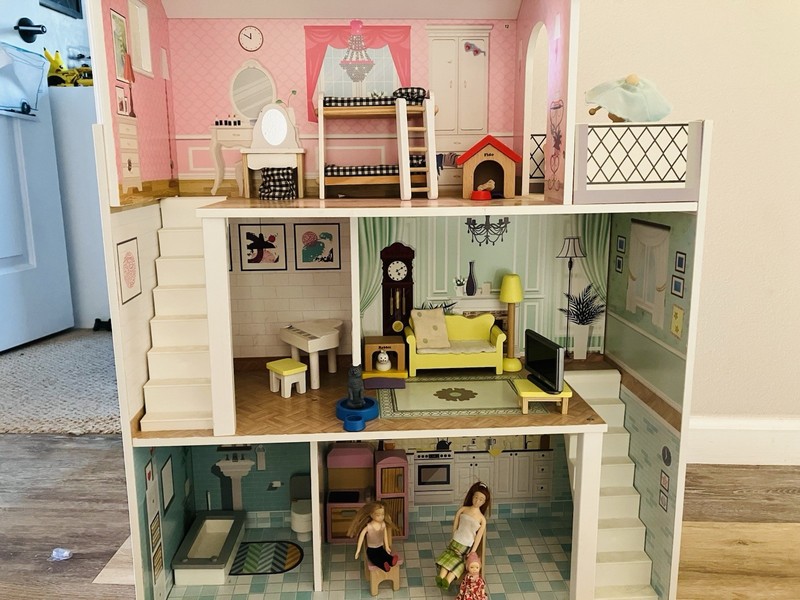 Milliard Pink & White 3-Story Wooden Dollhouse House, Furnished Complete
