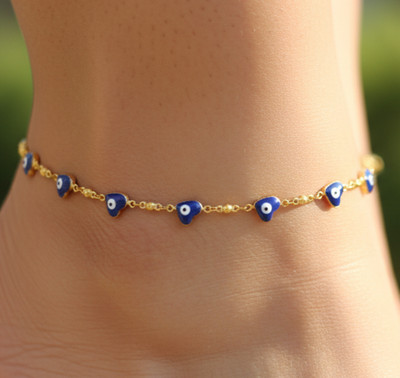 Elegant Brass Anklet Gold Plated Heart Evil Eye Charm Chain Minimalist Design