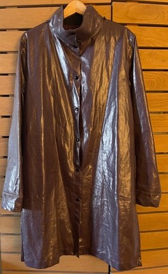 Roxy Wells Tyler Reversible Purple Long Rubberized Linen Trench Rain Coat Small