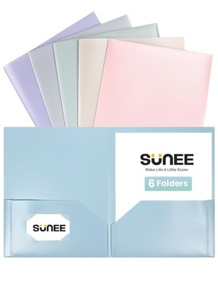 SUNEE Folders with Pockets (6 Pack, Pastel Colors), Plastic Multicolored 2 