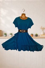 Made in Italy Teal Ruffle Tunic Dress Stretchy Cotton Lagenlook upto 14-16