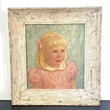 Mid Century Blond Girl Portrait Painting 23x25" Signed Framed Vintage 1A