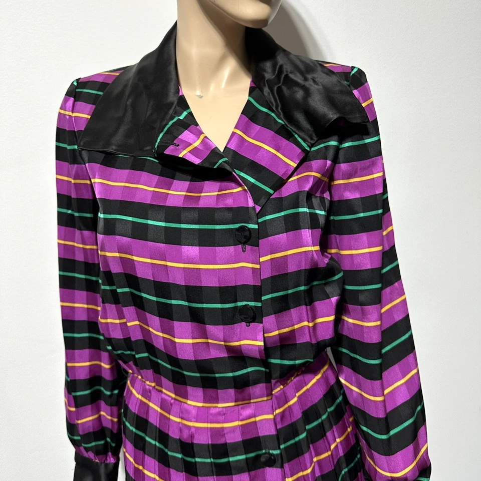 Vestido Camisa Vintage Oscar de la Renta 100% Seda Rayas Botón Plisado Talla 6 Foto 3 de 4
