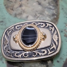 Vintage Western Belt Buckle Gold and Black Tone Banded Agate Stone Cowboy