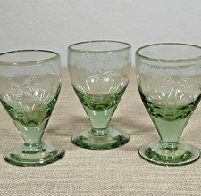 Hand Blown Recycled Glass Water Goblet Green Footed Etched Palm Trees SET OF 3