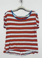 Pleione Top Womens Large Orange Striped Scoop Neck Button Back Knit Boho