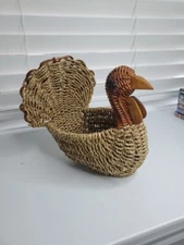 Wicker Rattan Woven Basket Turkey Bird Display Farm House Style Vintage 