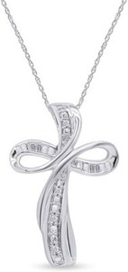 Authentic 1/10 Ct Natural Diamond Infinity Cross Pendant Necklace in 14k White Gold Plated