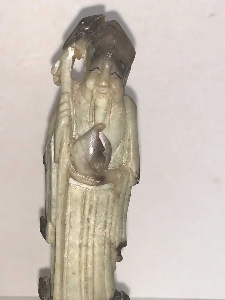 Estátua de homem asiático esculpida à mão chinesa antiga figura base de pedra 2 peças - Imagem 2 de 4