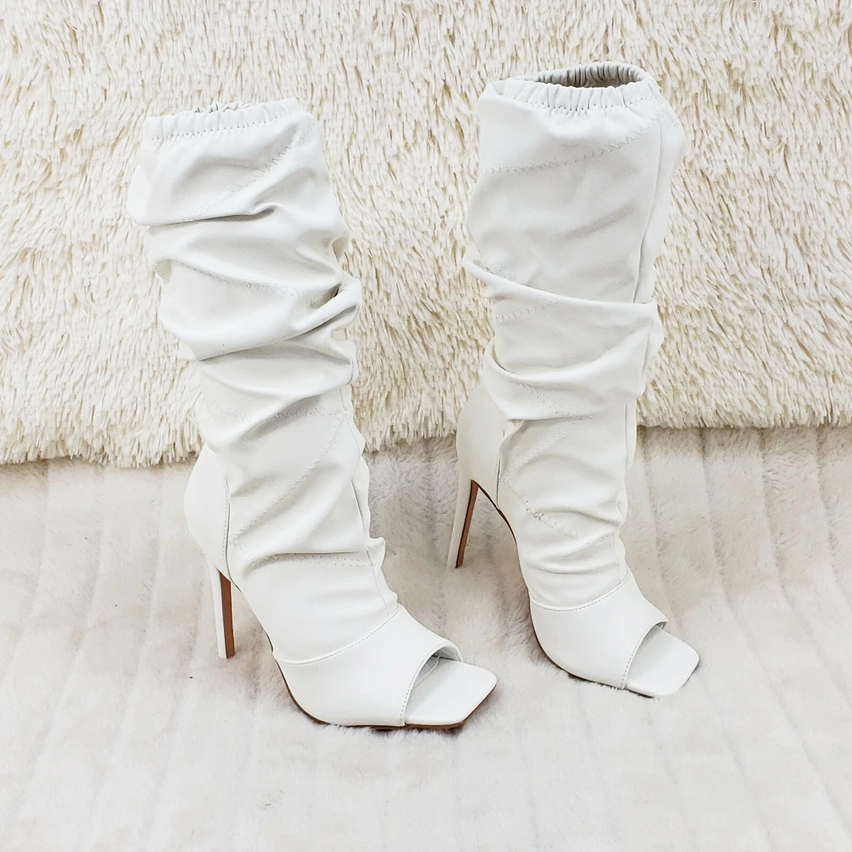 Victoria Bone White Square toe Mid Calf Adjustable Slouch Scrunch Pull On Boots