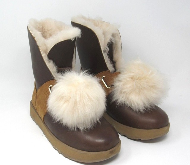 UGG Isley Waterproof Sheepskin Pom Booties Women's Boots 8.5 Chestnut 1018217 eBay