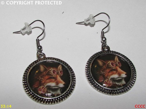 steampunk earrings fox reynard goggles hypoallergenic stainless steel #ER42 - Picture 3 of 5